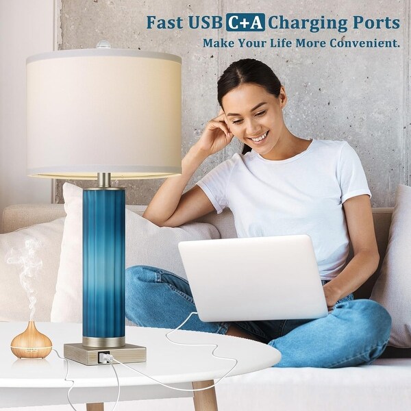 Set of 2 Table Lamps Blue Glass Bedroom Lamp for Bedside with USB C A Charging Ports Modern Art Deco Nightstand Lamp